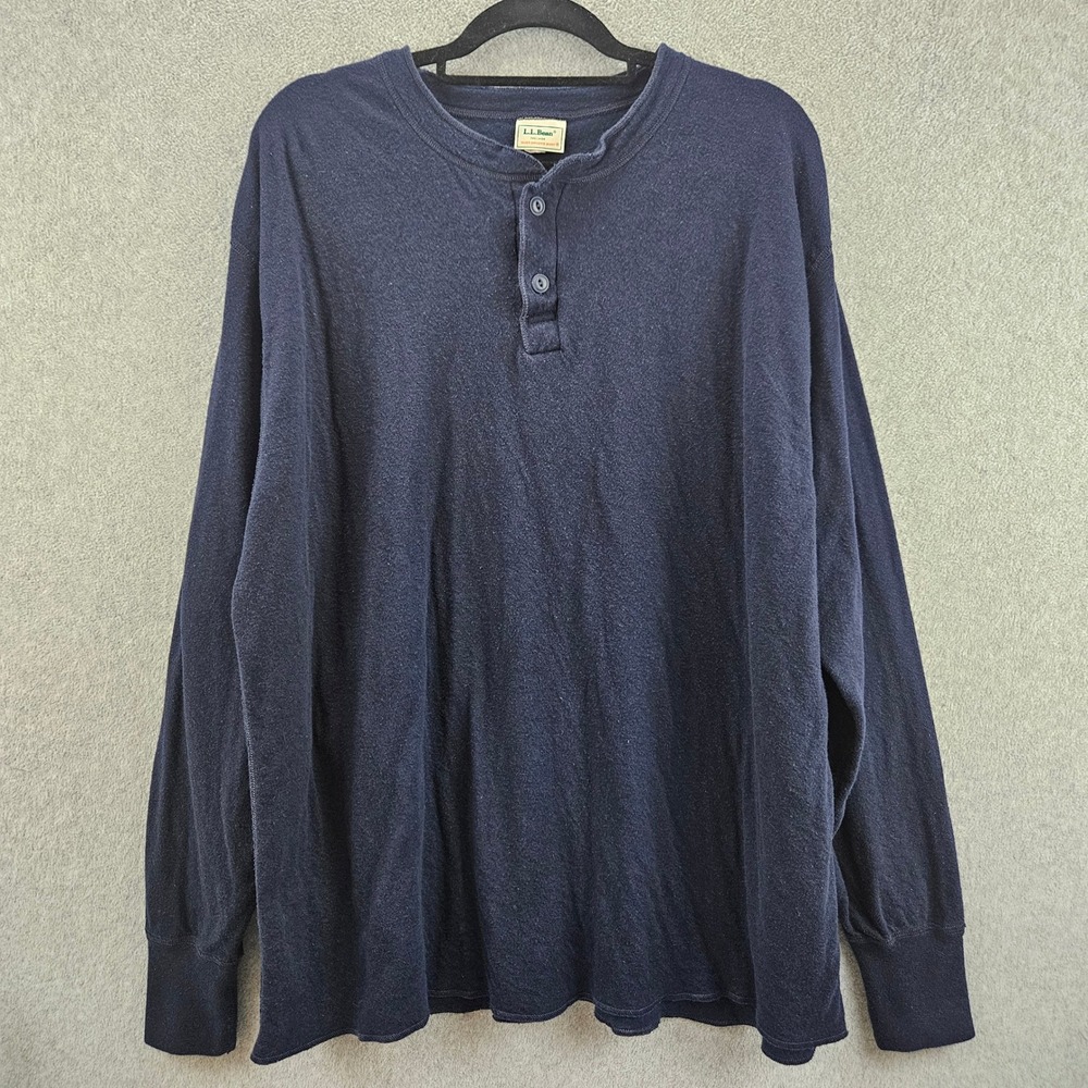 L.L. BEAN Henley Shirt Mens XXL Navy Blue Two-Layer Wool Blend USA Made Warm 80s